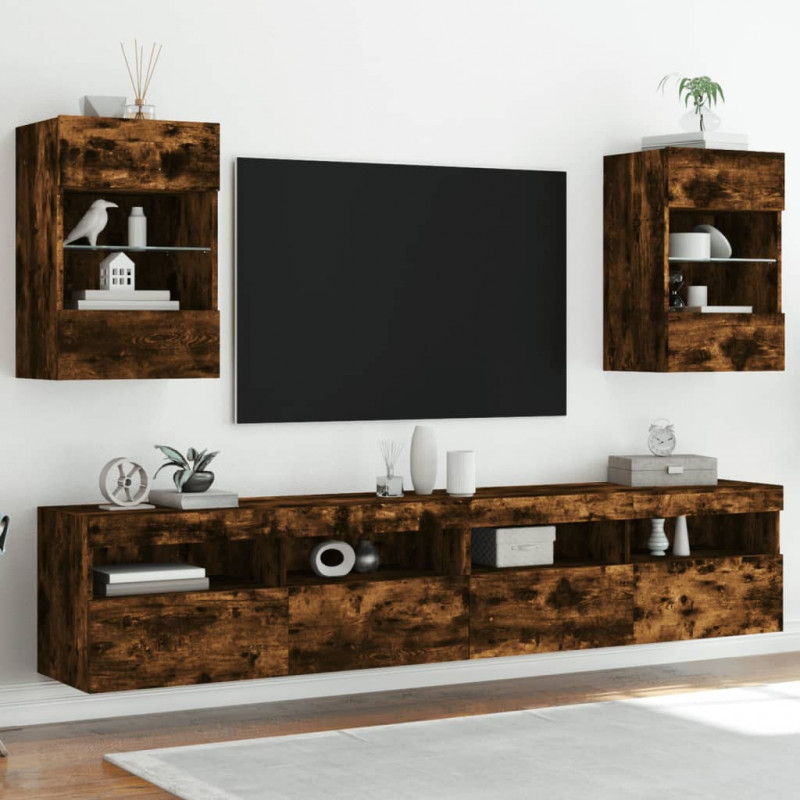 Ścienne szafki TV z LED, 2 szt., przydymiony dąb, 40x30x60,5 cm