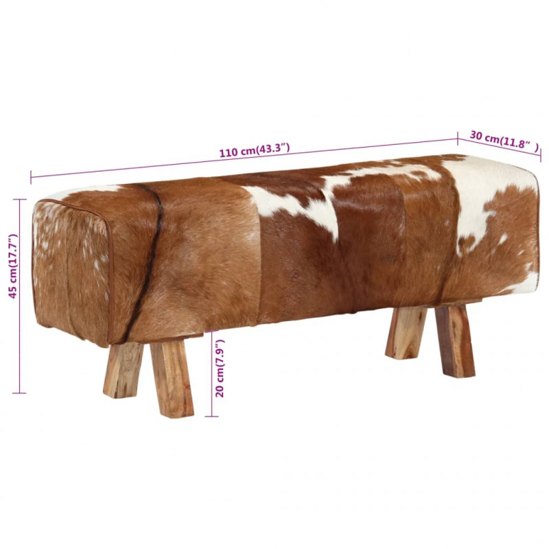 Ławka brązowo-biała, 110x30x45 cm, naturalna kozia skóra
