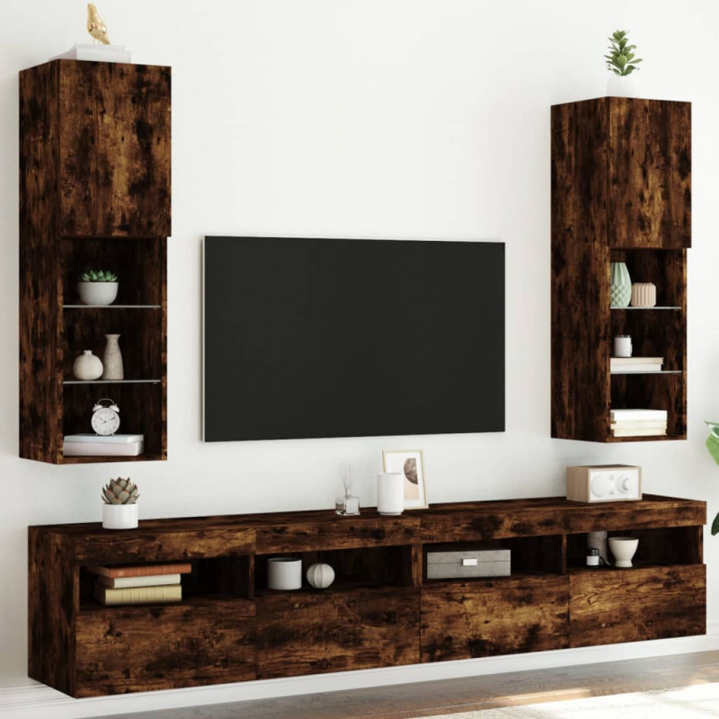 Szafki TV, z LED, 2 szt., przydymiony dąb, 30,5x30x102 cm