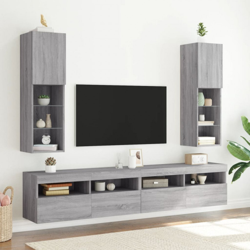 Szafki TV, z LED, 2 szt., szary dąb sonoma, 30,5x30x102 cm