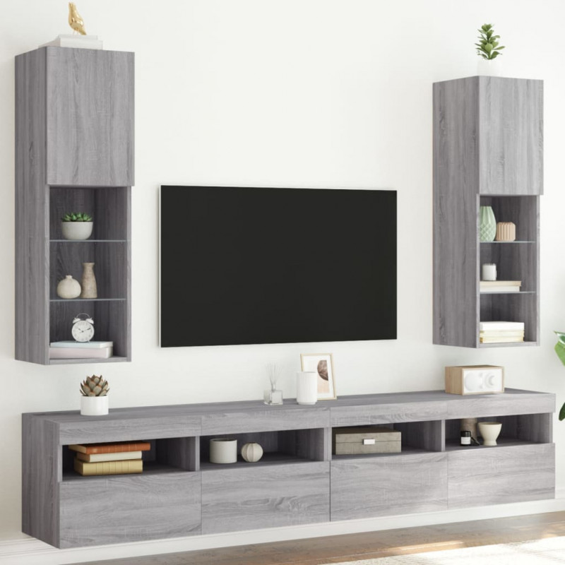 Szafki TV, z LED, 2 szt., szary dąb sonoma, 30,5x30x102 cm