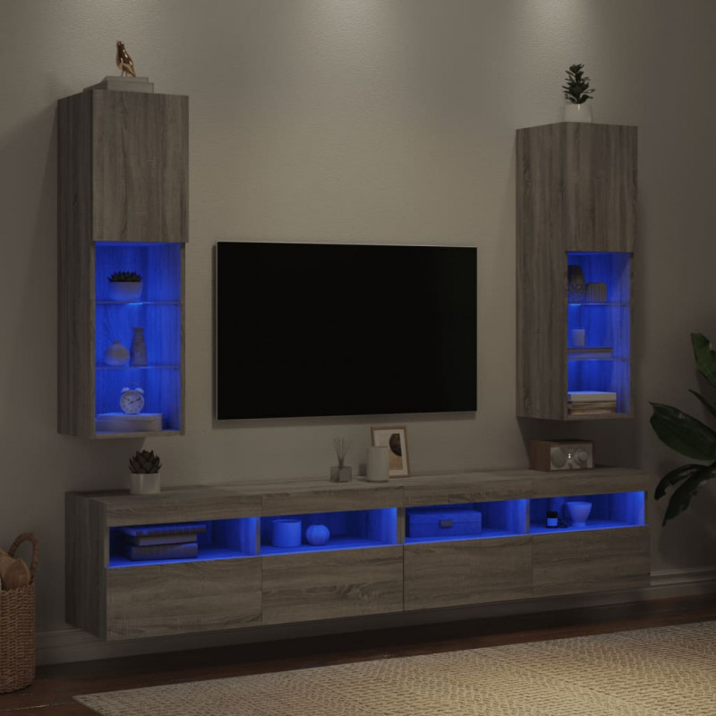 Szafki TV, z LED, 2 szt., szary dąb sonoma, 30,5x30x102 cm