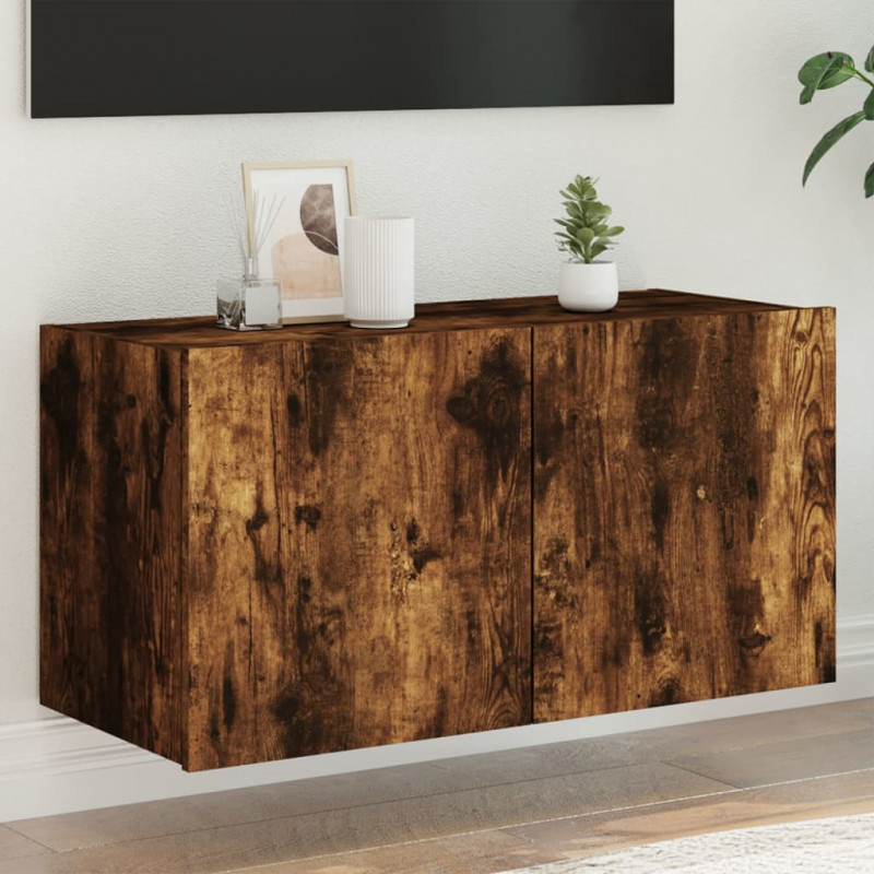 Ścienna szafka TV z LED, przydymiony dąb, 80x35x41 cm