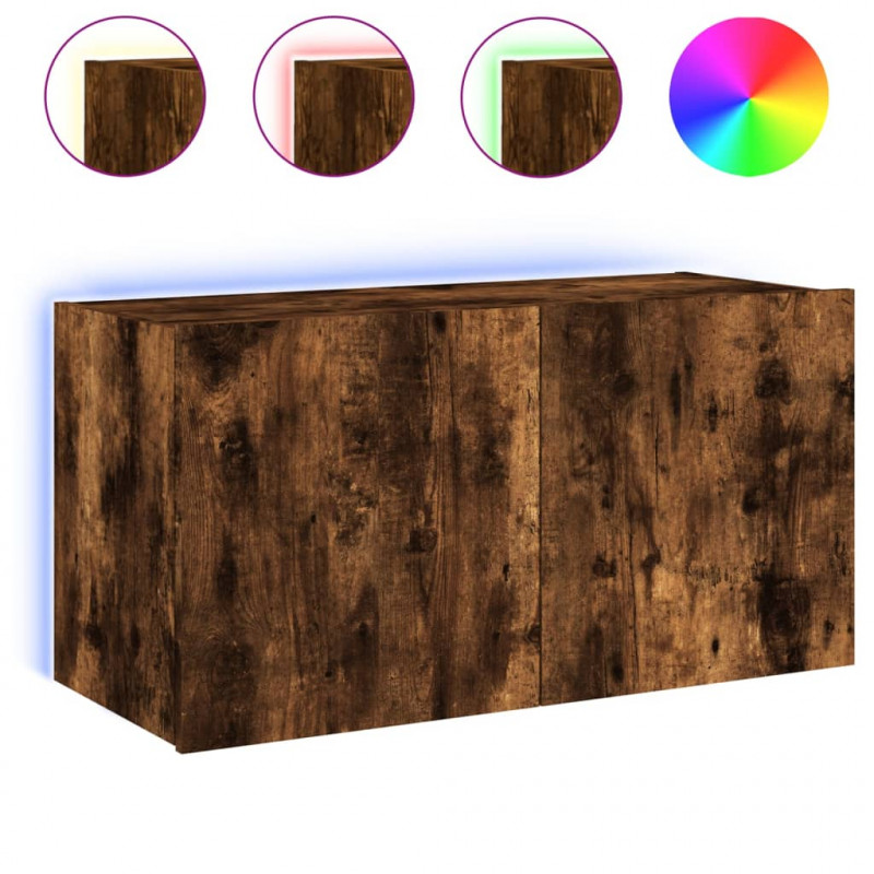 Ścienna szafka TV z LED, przydymiony dąb, 80x35x41 cm