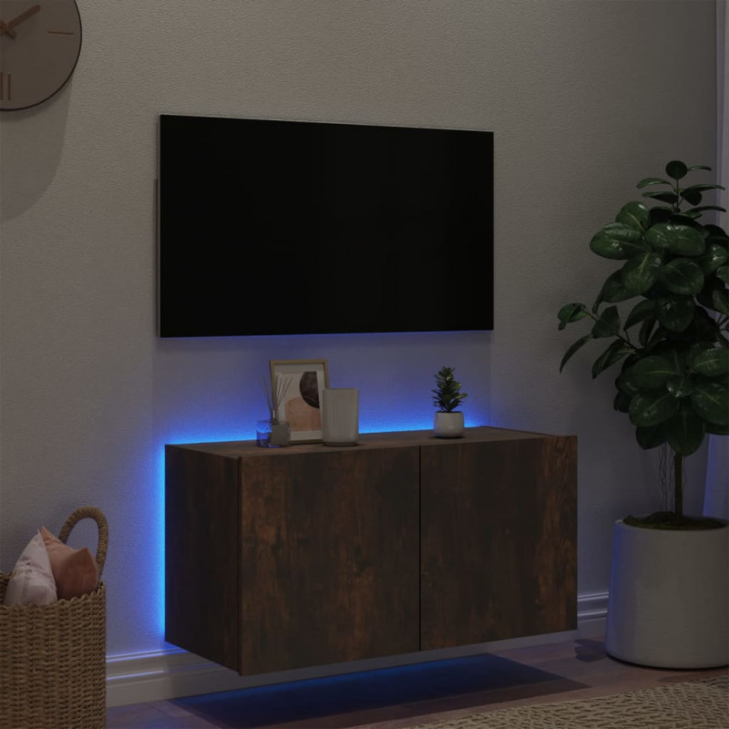 Ścienna szafka TV z LED, przydymiony dąb, 80x35x41 cm