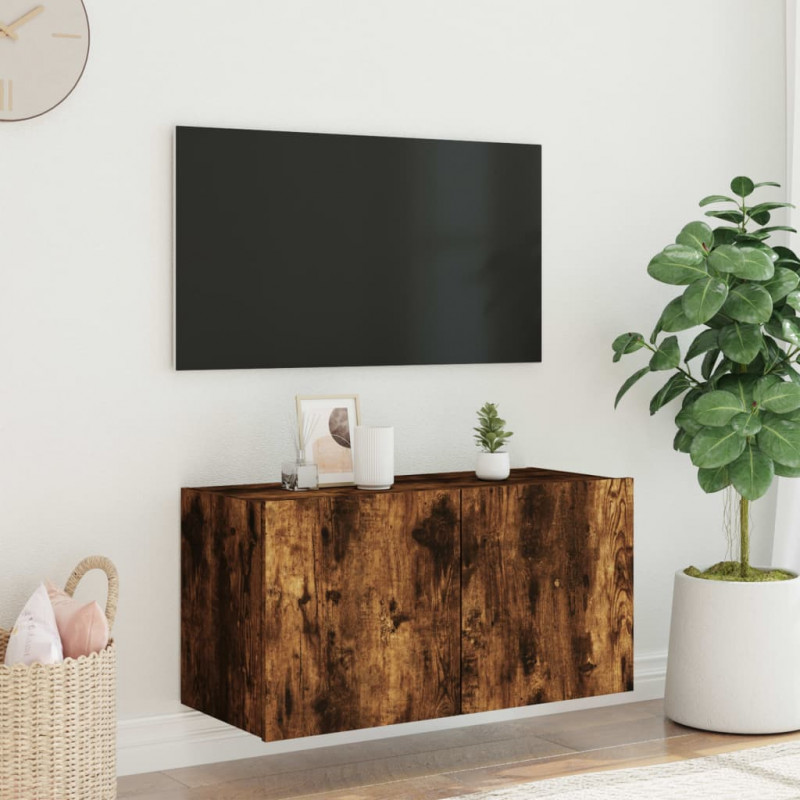 Ścienna szafka TV z LED, przydymiony dąb, 80x35x41 cm