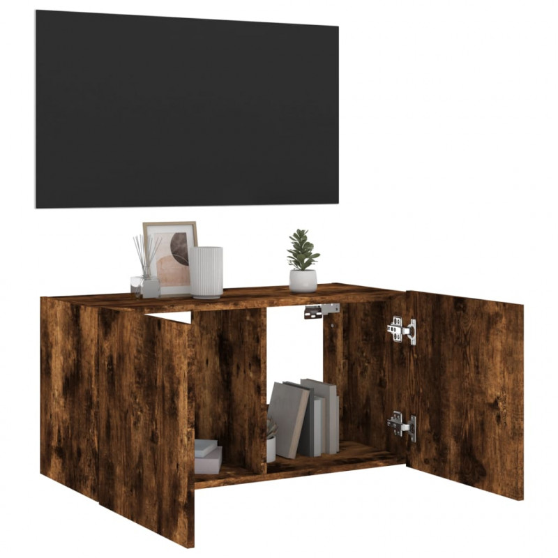 Ścienna szafka TV z LED, przydymiony dąb, 80x35x41 cm
