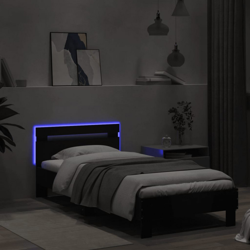 Rama łóżka z wezgłowiem i LED, czarna, 90x200 cm
