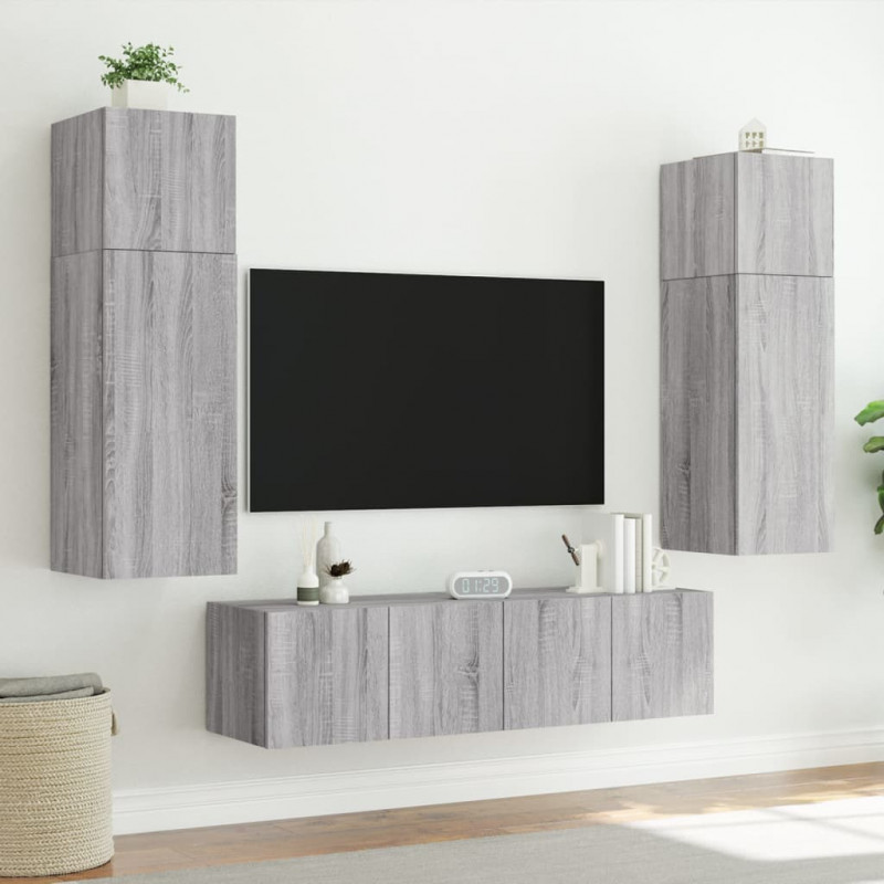 Ścienne szafki TV z LED, 2 szt., szary dąb sonoma, 80x35x31 cm