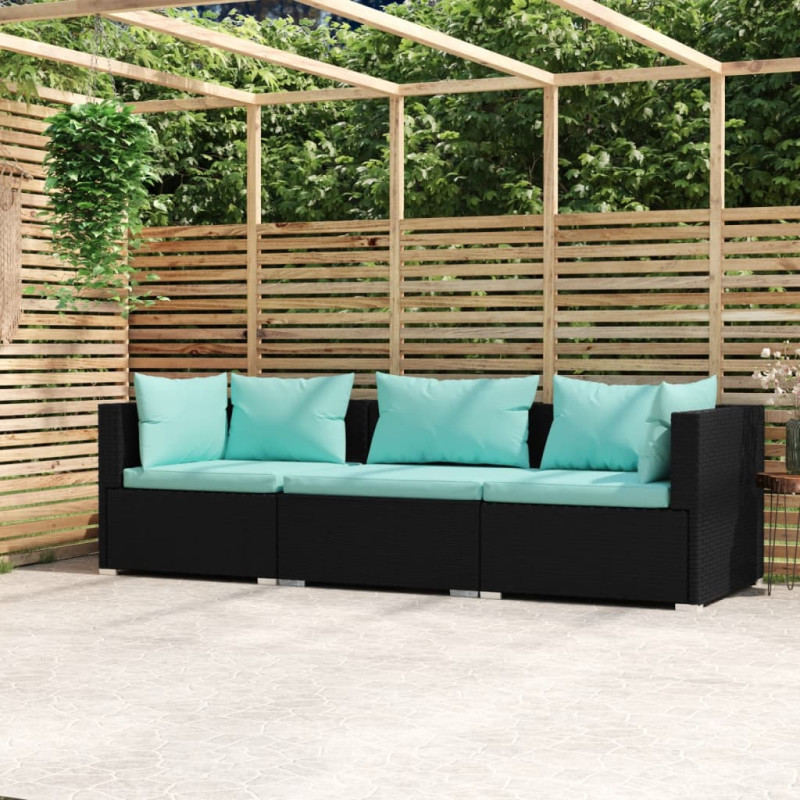 3-osobowa sofa ogrodowa z poduszkami, czarna, polirattan