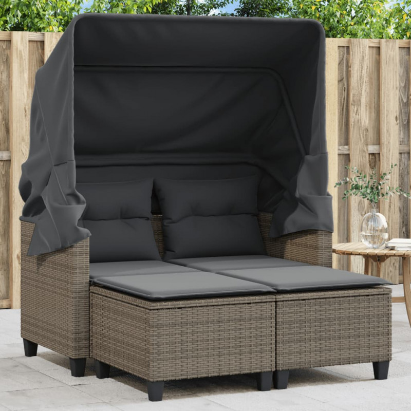 2-os. sofa ogrodowa z daszkiem i podnóżkami, szara, rattan PE