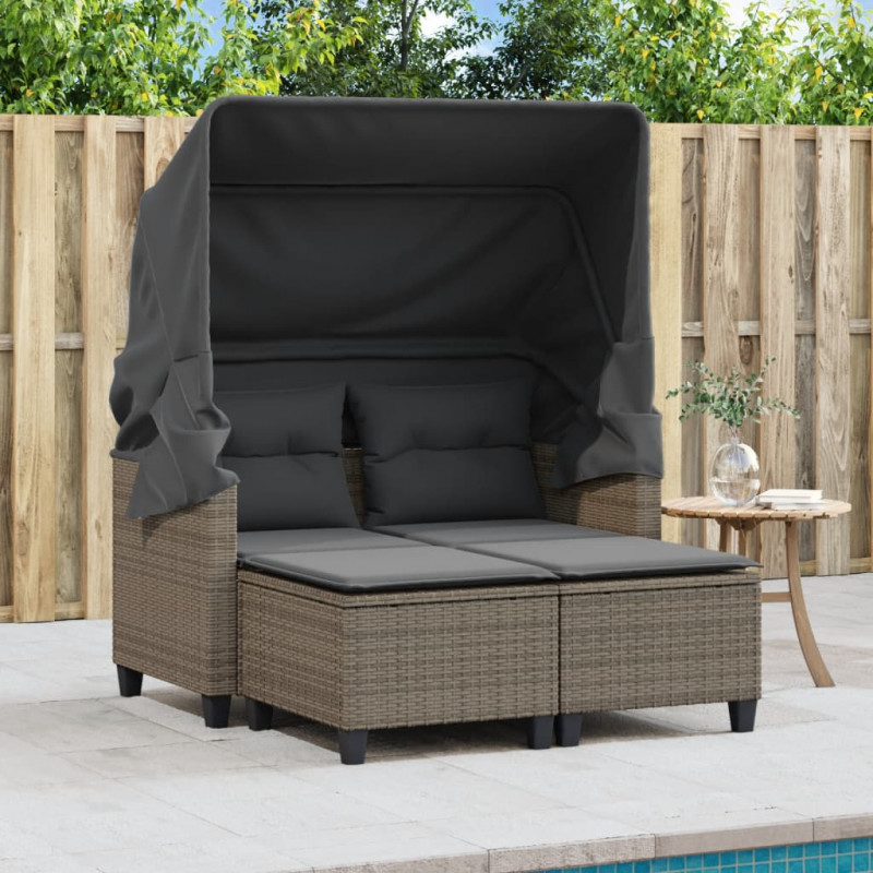 2-os. sofa ogrodowa z daszkiem i podnóżkami, szara, rattan PE