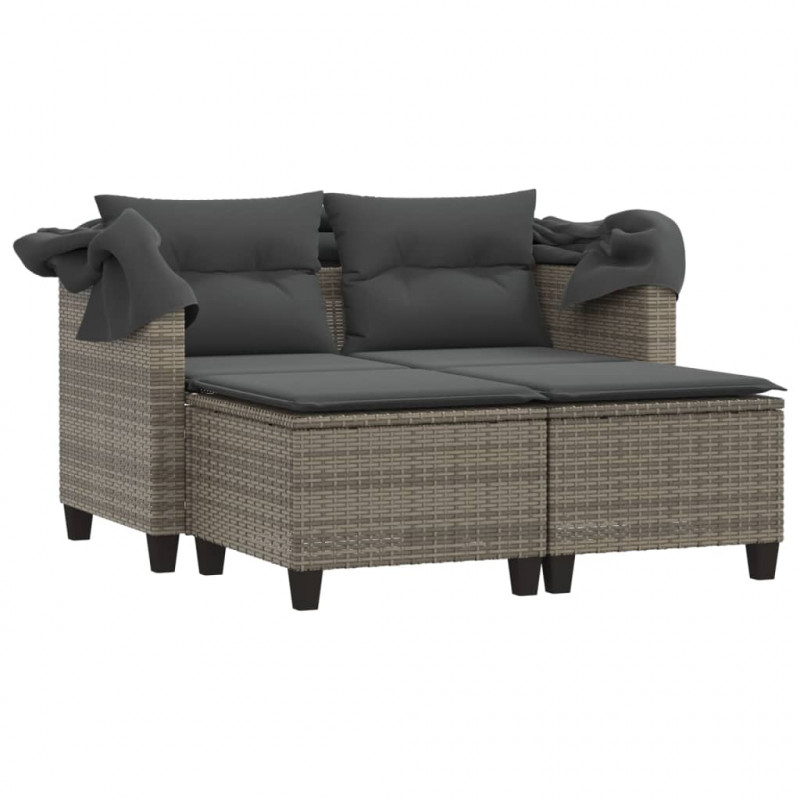 2-os. sofa ogrodowa z daszkiem i podnóżkami, szara, rattan PE