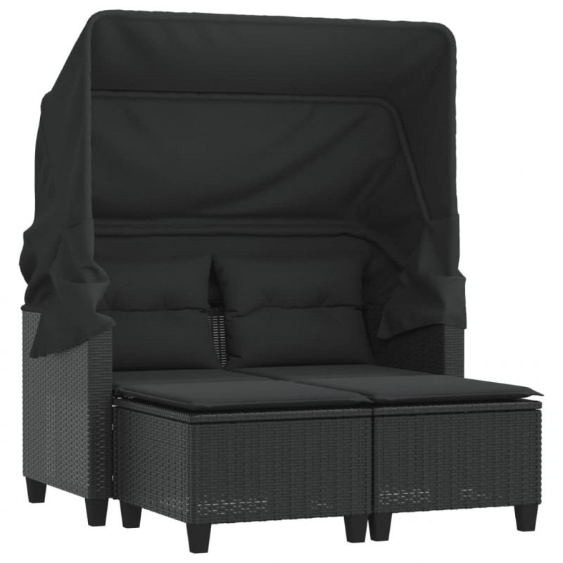 2-os. sofa ogrodowa z daszkiem i podnóżkami, czarna, rattan PE