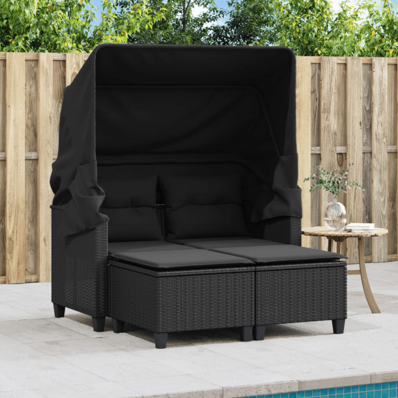 2-os. sofa ogrodowa z daszkiem i podnóżkami, czarna, rattan PE