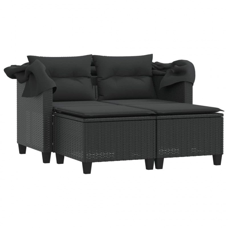 2-os. sofa ogrodowa z daszkiem i podnóżkami, czarna, rattan PE