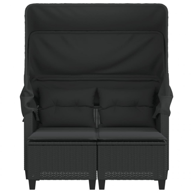 2-os. sofa ogrodowa z daszkiem i podnóżkami, czarna, rattan PE