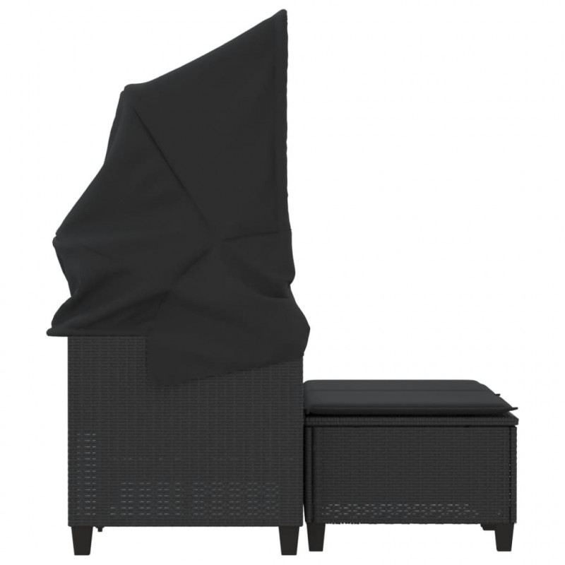 2-os. sofa ogrodowa z daszkiem i podnóżkami, czarna, rattan PE
