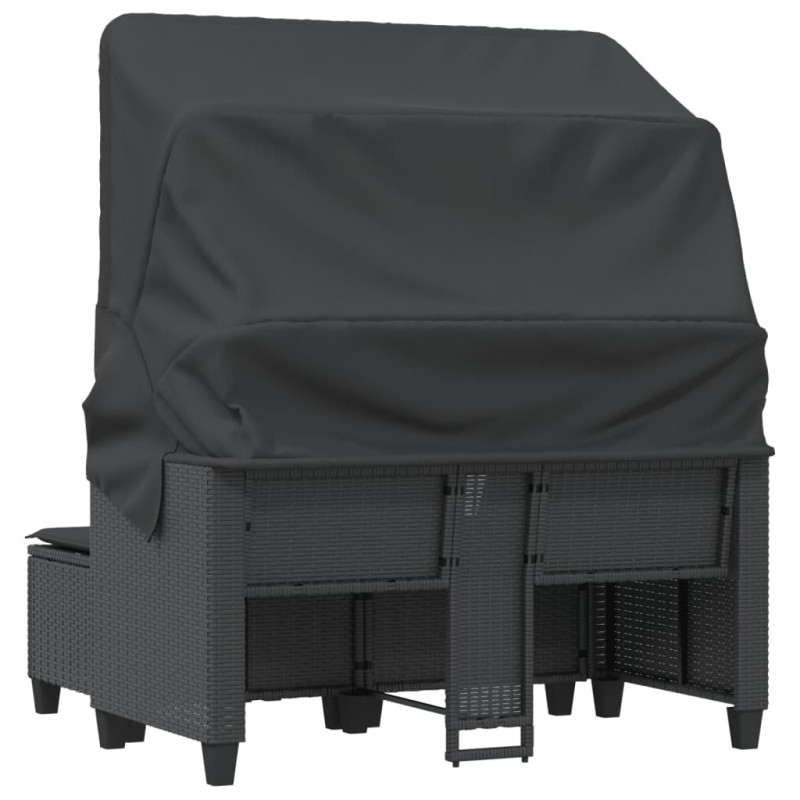 2-os. sofa ogrodowa z daszkiem i podnóżkami, czarna, rattan PE