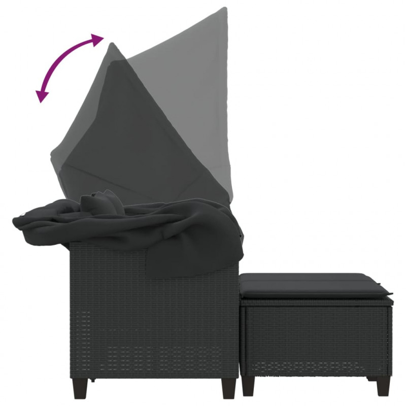 2-os. sofa ogrodowa z daszkiem i podnóżkami, czarna, rattan PE