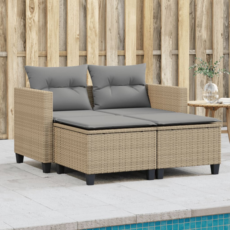 Sofa ogrodowa 2-osobowa ze stołkami, beżowa, rattan PE