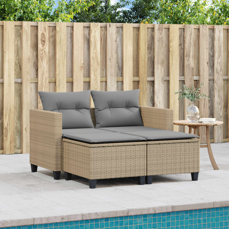 Sofa ogrodowa 2-osobowa ze stołkami, beżowa, rattan PE