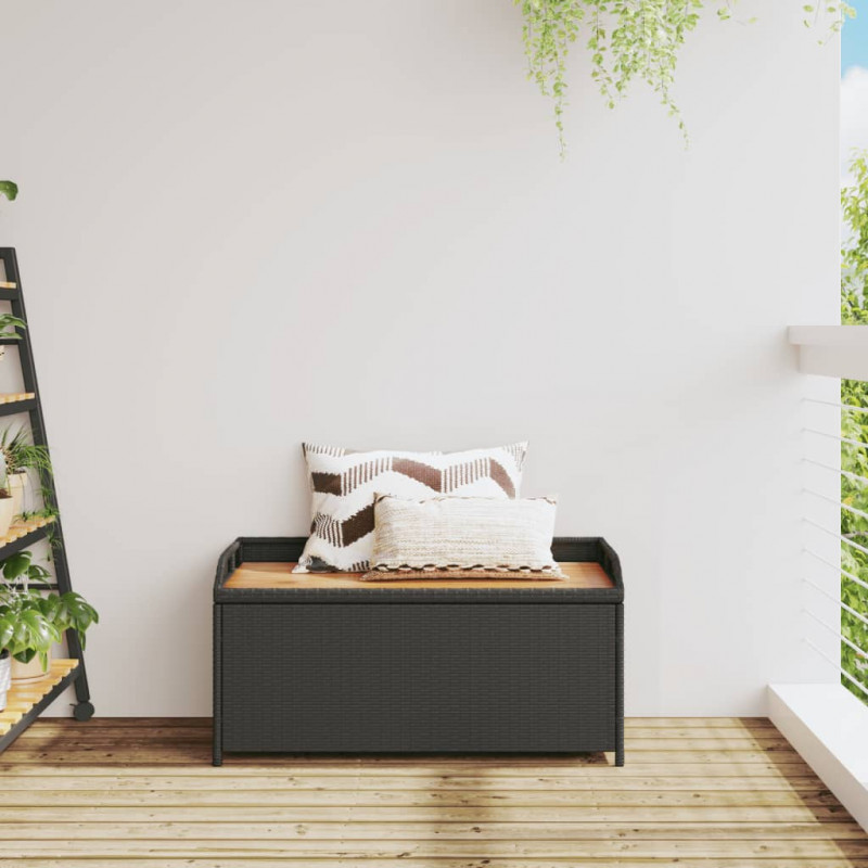 Ławka ze schowkiem, czarna, 100x50x52 cm, polirattan i akacja