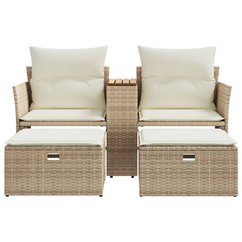 Sofa ogrodowa 2-osobowa ze stołkami, beżowa, rattan PE