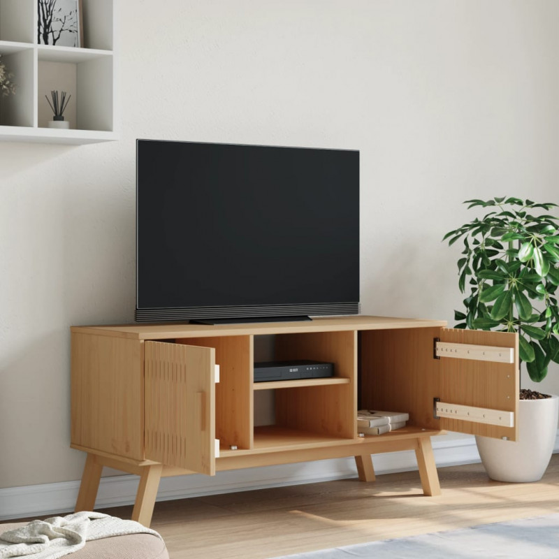 Szafka RTV OLDEN, brązowa, 114x43x57 cm, lite drewno sosnowe