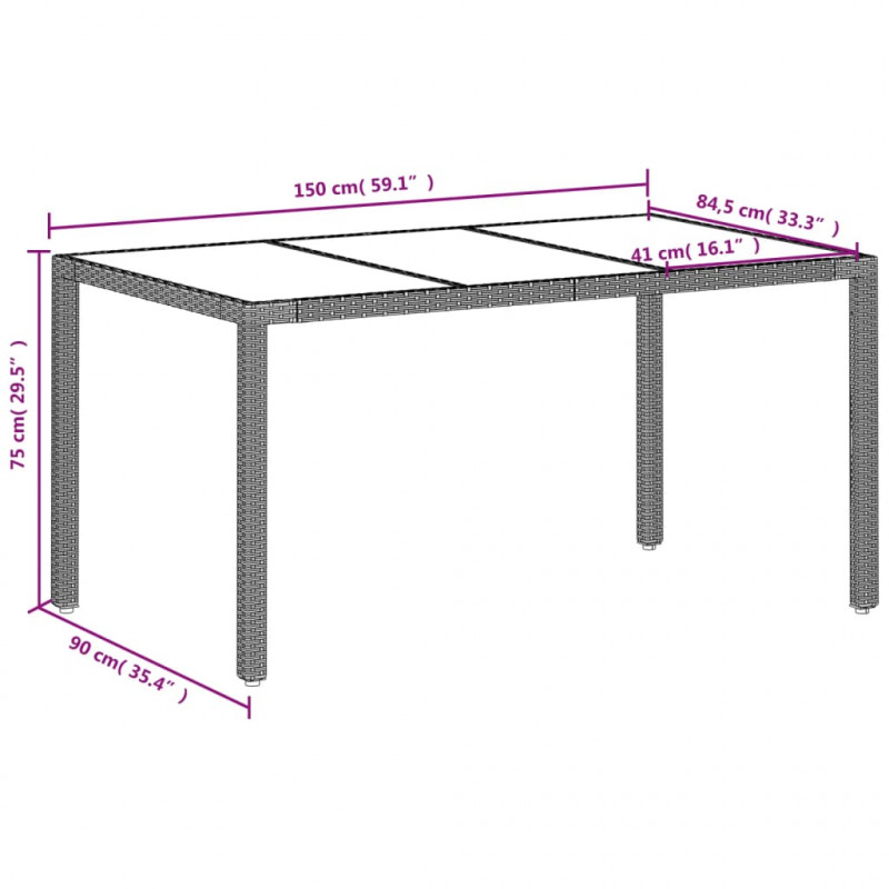 Stół ogrodowy ze szklanym blatem, szary 150x90x75 cm, rattan PE