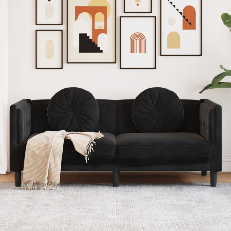 Sofa 2-osobowa z poduszkami, czarna, aksamit