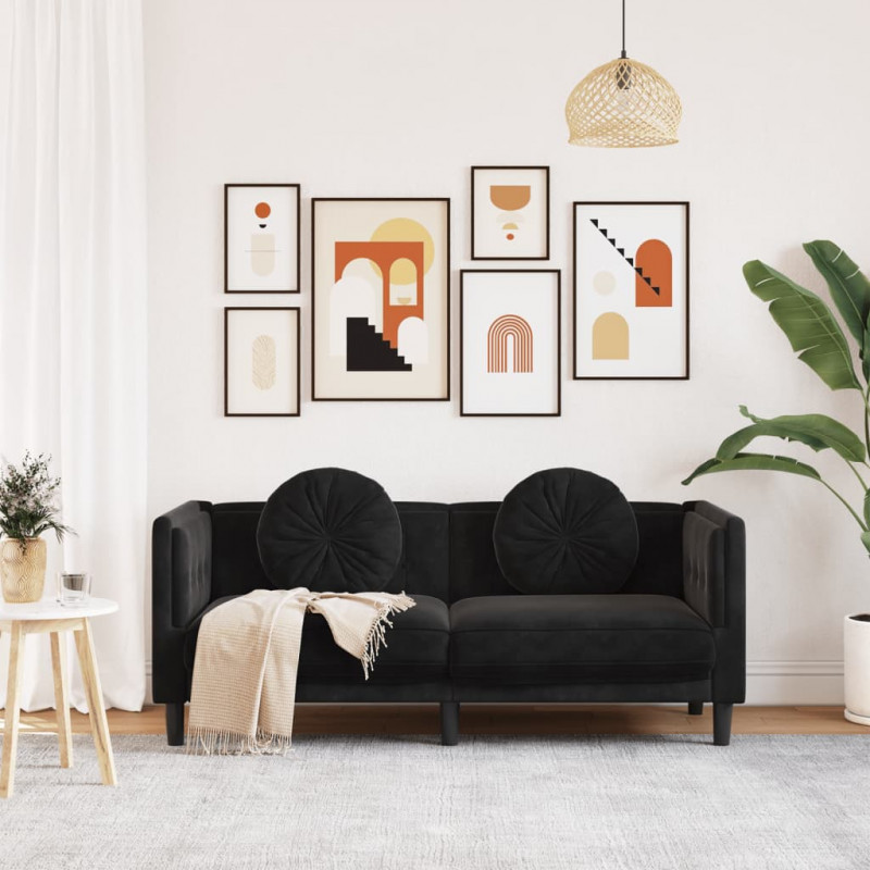 Sofa 2-osobowa z poduszkami, czarna, aksamit