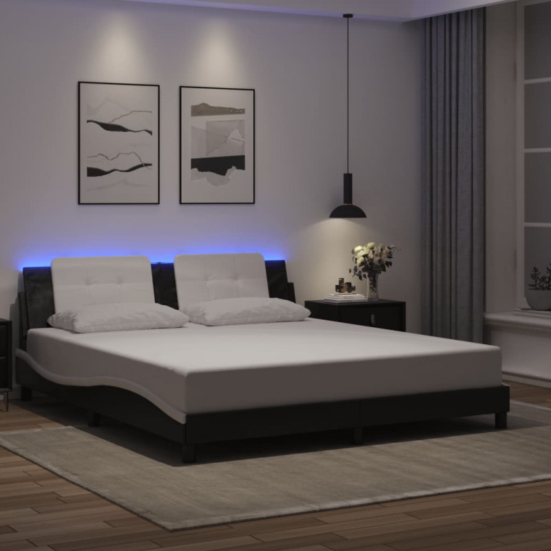Rama łóżka z LED, czarno-biała, 180x200 cm, sztuczna skóra