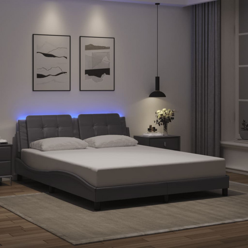 Rama łóżka z LED, szara, 160x200 cm, sztuczna skóra