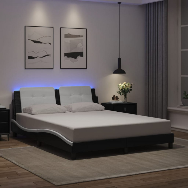Rama łóżka z LED, czarno-biała, 160x200 cm, sztuczna skóra