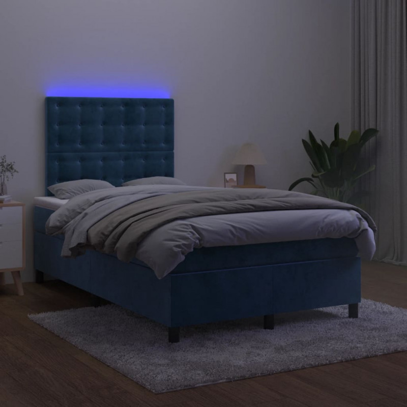 Łóżko kontynentalne z materacem i LED, granatowe, 120x190 cm