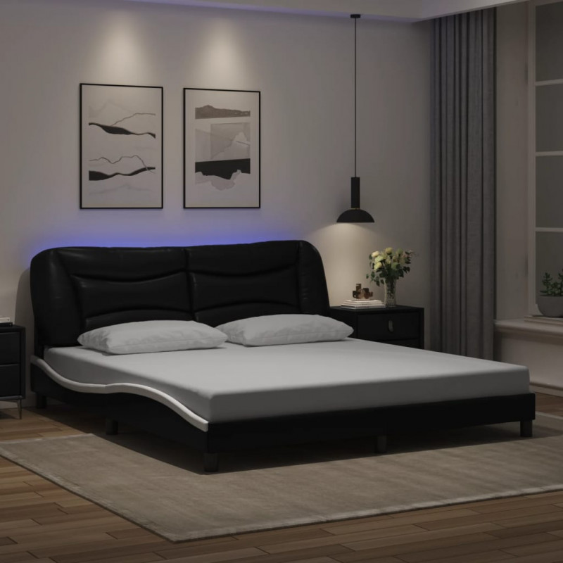 Rama łóżka z LED, czarno-biała, 180x200 cm, sztuczna skóra