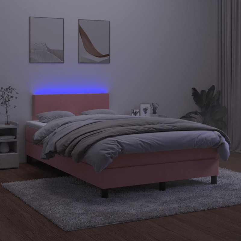 Łóżko kontynentalne z materacem i LED, róż, 120x190 cm, aksamit
