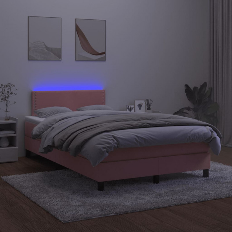 Łóżko kontynentalne z materacem i LED, róż, 120x190 cm, aksamit