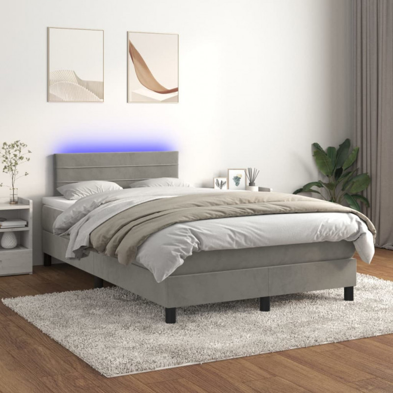 Łóżko kontynentalne z materacem i LED, jasnoszare, 120x190 cm