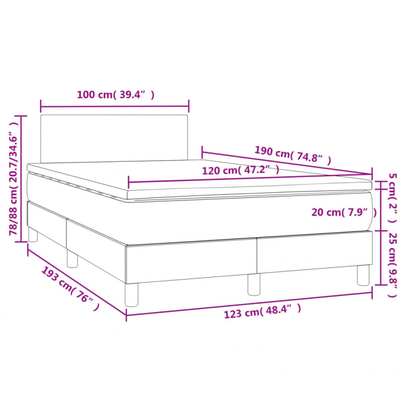 Łóżko kontynentalne z materacem i LED, szare, 120x190 cm