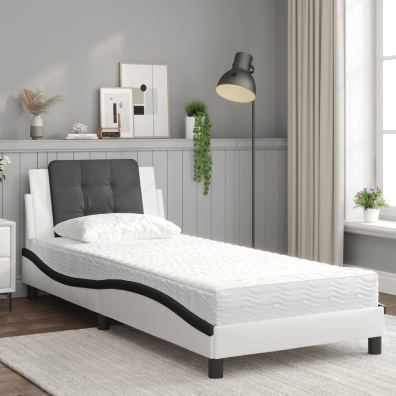 Łóżko z materacem, biało-czarne, 90x200 cm, sztuczna skóra