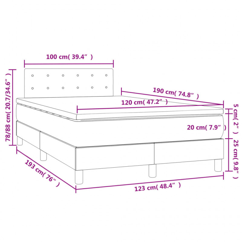 Łóżko kontynentalne z materacem i LED, ciemnoszare, 120x190 cm