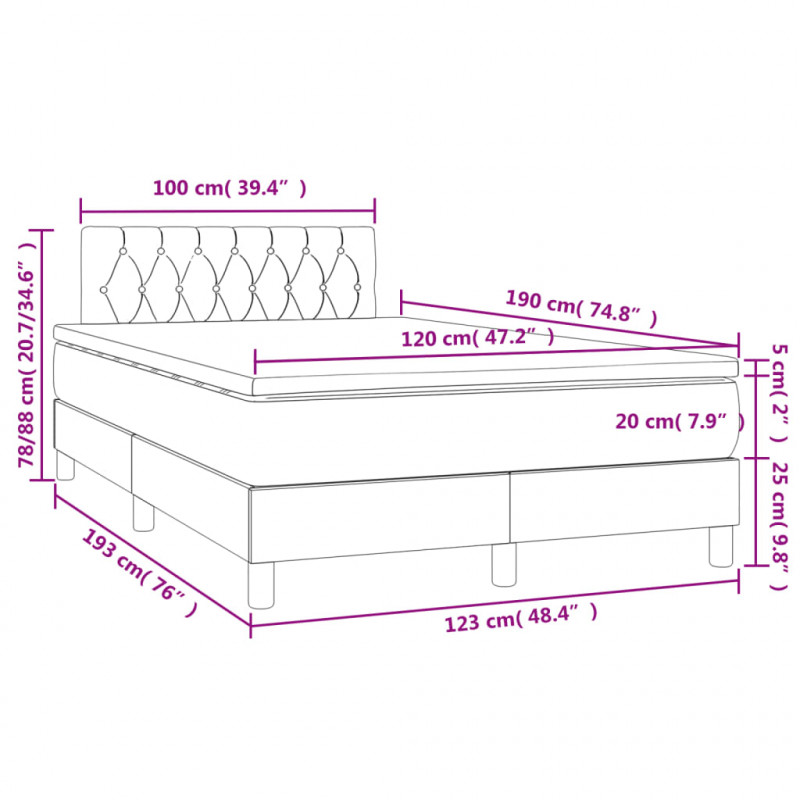 Łóżko kontynentalne z materacem i LED, jasnoszare, 120x190 cm