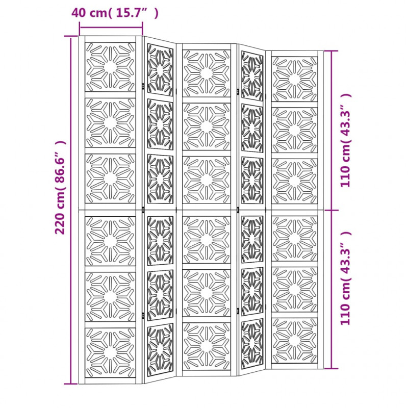 Parawan pokojowy, 5-panelowy, brązowo-czarny, lita paulownia