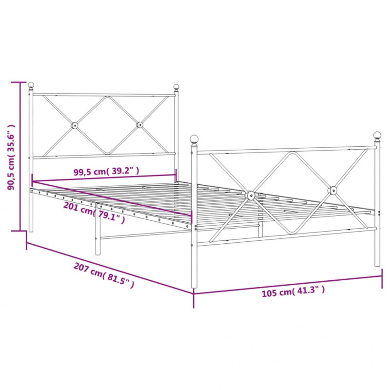 Metalowa rama łóżka z wezgłowiem i zanóżkiem, czarna, 100x200cm