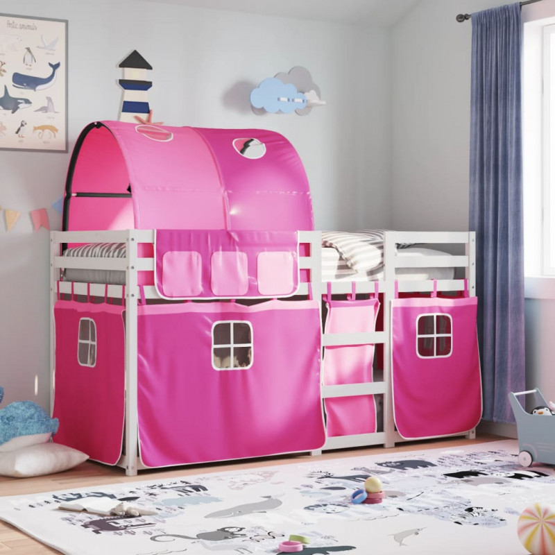 Łóżko piętrowe z zasłonkami, różowe, 90x200 cm, drewno sosnowe