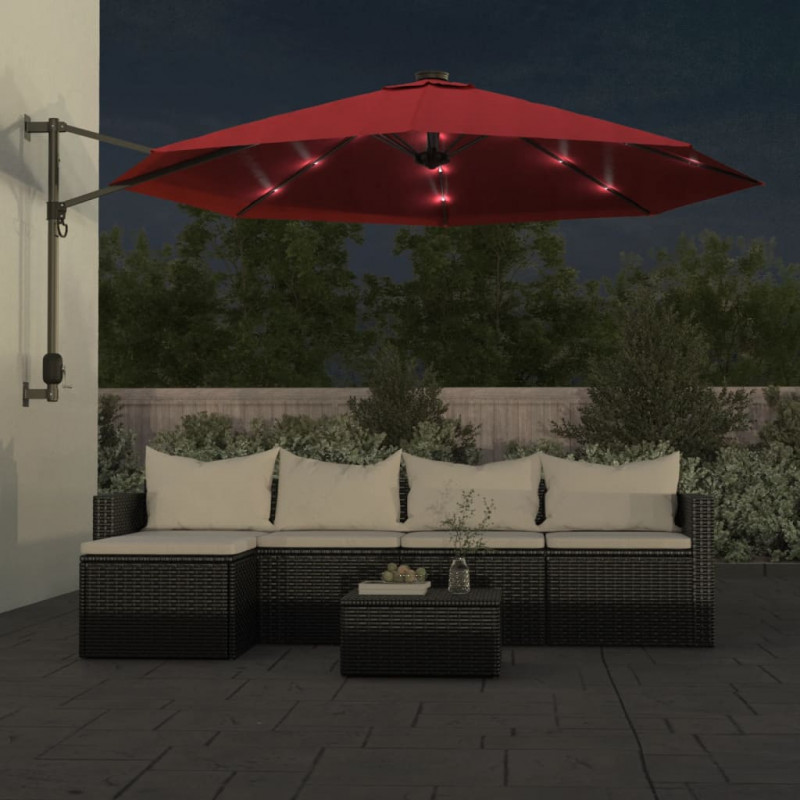 Ścienny parasol ogrodowy z LED, czerwony, 290 cm