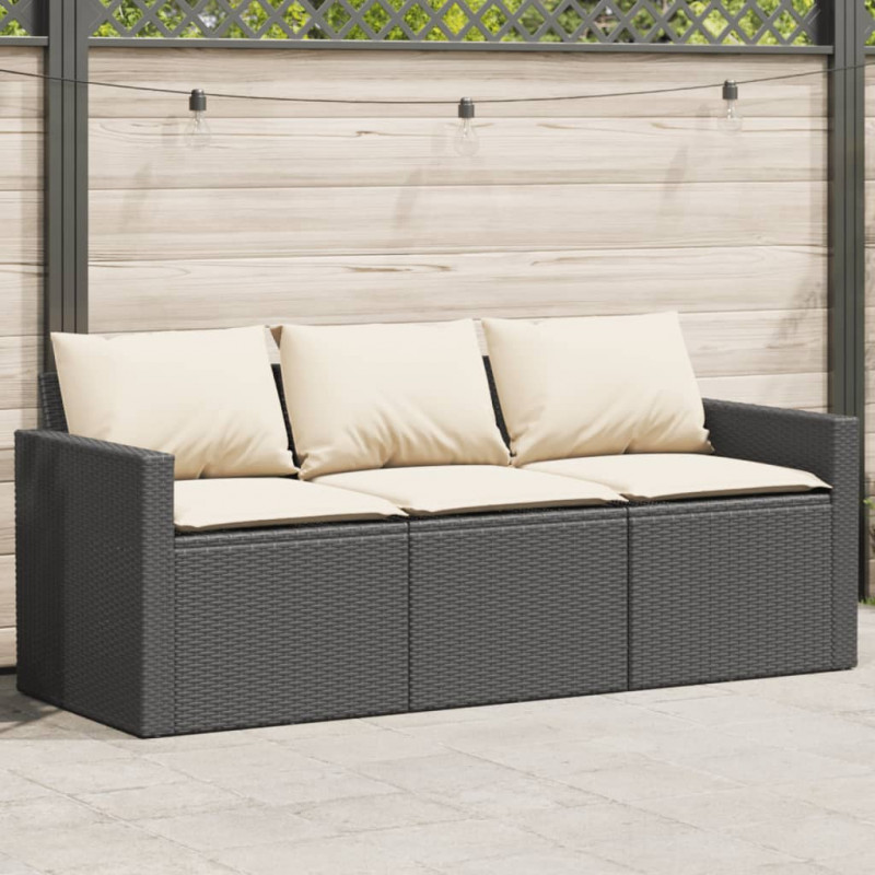 Sofa ogrodowa z poduszkami, 3-osobowa, czarna, polirattan