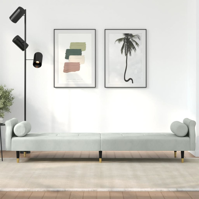 Rozkładana kanapa z poduszkami, jasnoszara, obita aksamitem